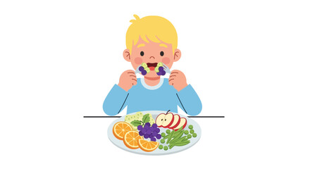 Young Boy Eating Grapes with Plate of Healthy Fruits and Vegetables.