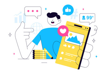 Influencer Marketing Vector Illustration Featuring Social Media Posts on the Internet for Marketing Strategies to Promote Products or Endorsements