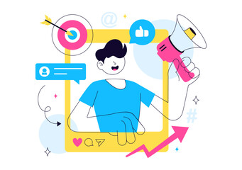 Influencer Marketing Vector Illustration Featuring Social Media Posts on the Internet for Marketing Strategies to Promote Products or Endorsements