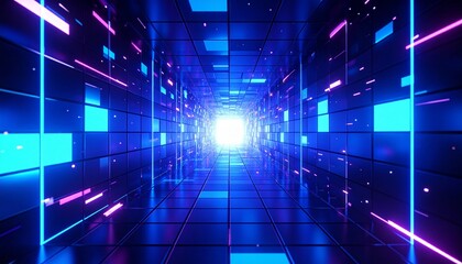 Abstract digital tunnel illuminated with blue and pink neon lights, creating a futuristic and technological effect.