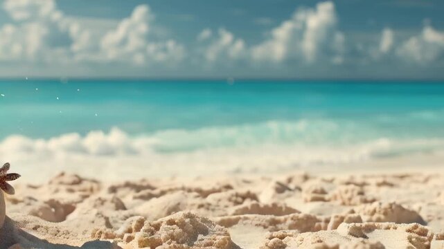 Sand snowman with sunglasses and hat on beach at tropical resort during Christmas and New Year celebration footage.