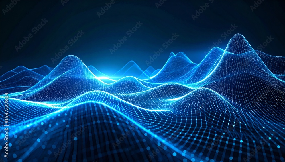 Canvas Prints a futuristic digital landscape of glowing blue waves formed by a grid of luminous particles.