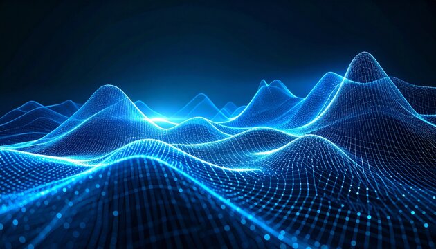 A futuristic digital landscape of glowing blue waves formed by a grid of luminous particles.