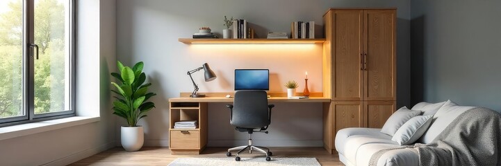 Stylish Compact Home Office Setup Hidden Desk & Ample Storage for Small Spaces. Ideal for Students & Remote Workers seeking a practical, organized workspace.