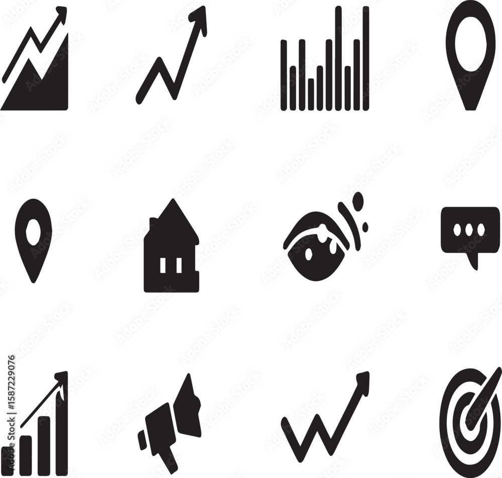 Poster twelve assorted black and white icons representing business analytics and communication elements set