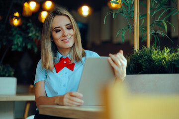 Restaurant Manager Holding a PC Tablet Working. Happy fast food worker looking at online customer...