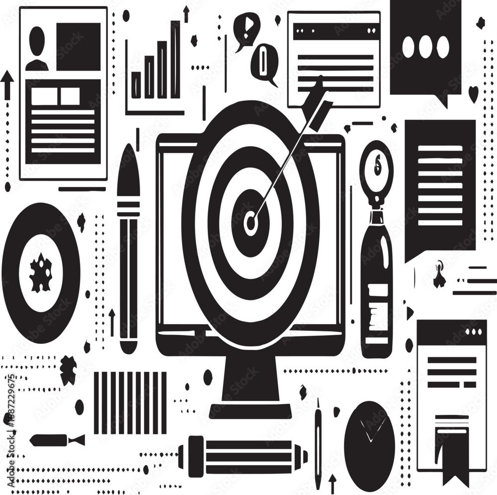 Poster black and white illustration of computer screen with target and arrow surrounded by icons and graphi