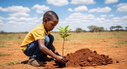 Young African boy carefully plants a small tree seedling in a dry, open field under a bright, partly cloudy sky.