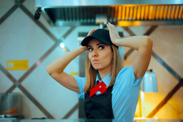 Stressed Fast Food Worker Feeling Exasperated During Rush Hour. Worker feeling under pressure in an...