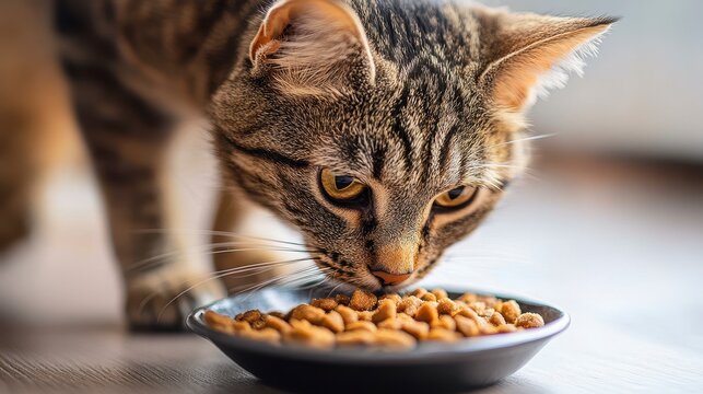 Cat Eating Food from a Bowl in a Warm Indoor Setting
