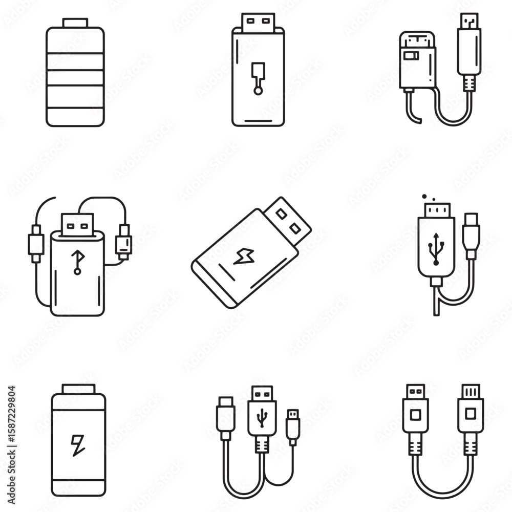 Aufkleber minimalist icon set depicting battery charging and data transfer elements in simple outlines