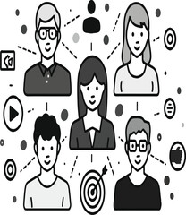 Illustration of a network of people connected to a central figure with icons and dotted lines