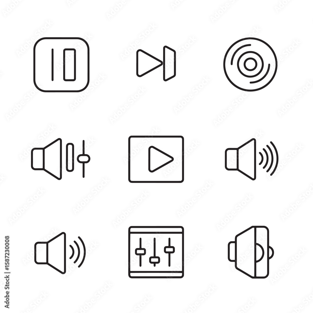 Poster minimalist line icons of music and audio related elements and symbols for design