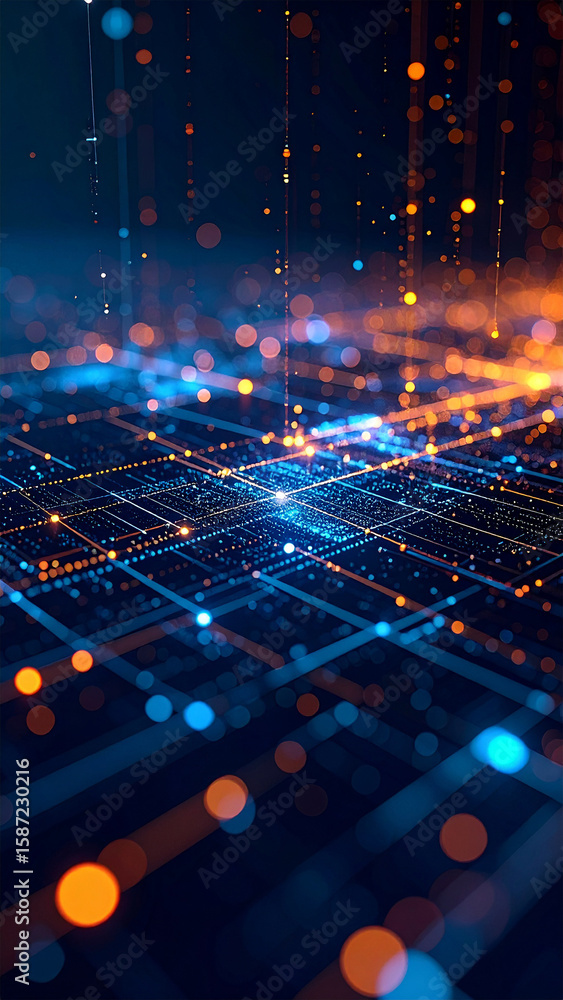 Poster digital network in cyberspace: an artistic, glowing visual representation of a digital network, feat