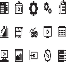A collection of business and technology icons in black and white on a white background displayed in rows