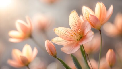 Naklejka premium Close-up view of delicate peach-colored flowers blooming in soft, natural light.