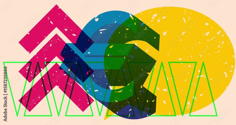 Poster risograph euro sign and speech bubble with geometric shapes animation. moving object in trendy riso 