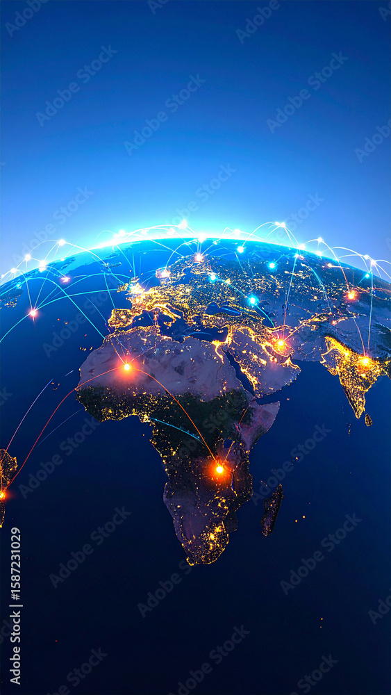 Poster global network: a stunning visual depicting a network of interconnected lights and lines overlaid on