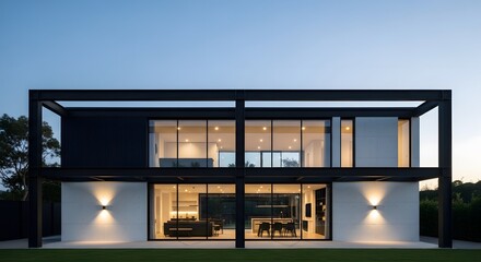Fototapeta premium Modern, minimalist house with black steel framing and white walls, showcasing interior views at dusk.