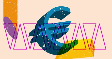 Risograph Euro Sign with geometric shapes animation. Moving object in trendy riso graph design video. - Powered by Adobe