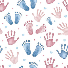 Soft baby feet and handprints pattern – in dusty pink and blue watercolors.
