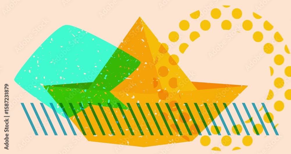Poster risograph paper ship and speech bubble with geometric shapes animation. moving object in trendy riso