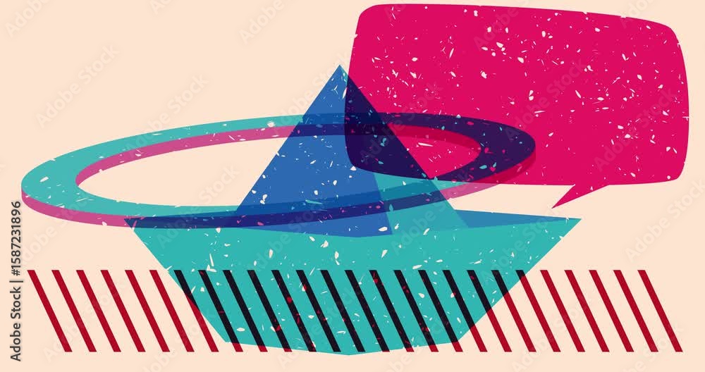 Poster risograph paper ship and speech bubble with geometric shapes animation. moving object in trendy riso