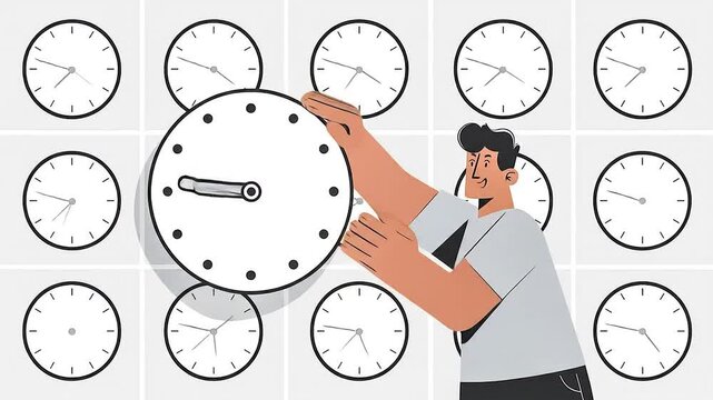 A smiling cartoon man adjusts the hands of a large clock surrounded by smaller clocks illustrating time management and control