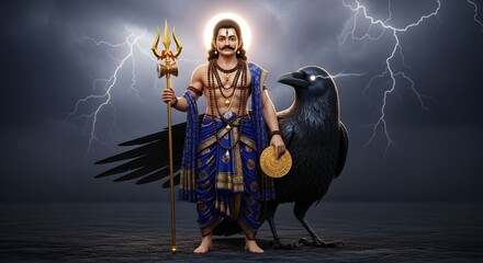 Hindu deity shani standing with a crow holding a trident and a coin against a stormy sky