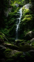 Ethereal Serenity: A Tranquil Waterfall Cascading Through a Lush Forest Oasis