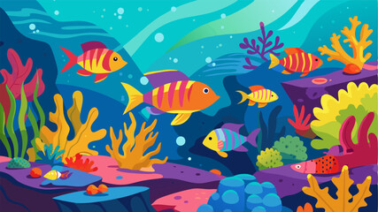 Fototapeta premium The vibrant colors of tropical fish and coral dance beneath the surface of the lagoon creating a captivating underwater world.