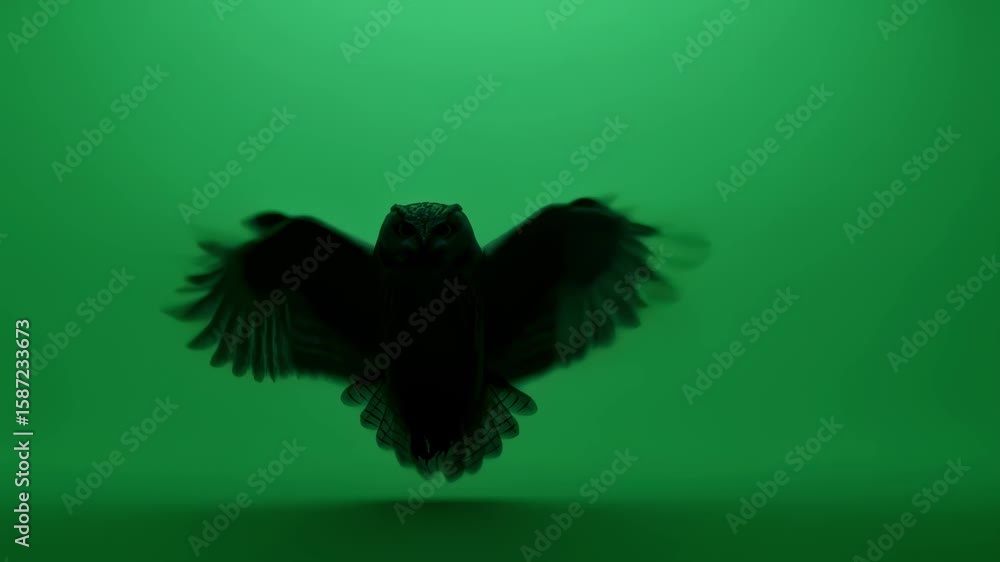 Poster silhouette of an owl spreading its wings while flying on a green screen chroma key background. perfe