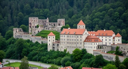 Obraz premium Majestic Castle, Ruins, and Lush Green Forest Landscape