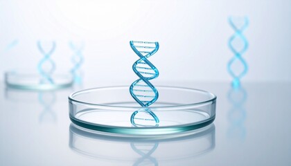 A glowing blue DNA double helix model hovers over a glass petri dish in a clean, modern science laboratory.