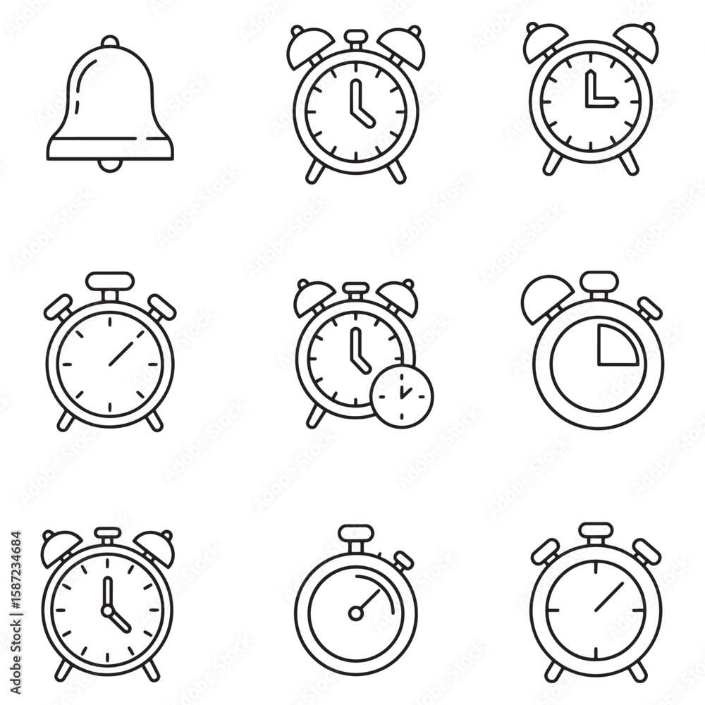 Poster set of minimalist alarm clock and time icons depicting punctuality and scheduling