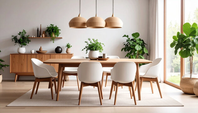 Modern Dining Room: A well-lit dining room with a long wooden table and stylish chairs, adorned with lush green plants, creating a sense of calm and elegance.