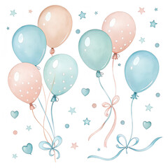 Watercolor balloons and ribbons pattern – floating baby balloons in pastel tones.

