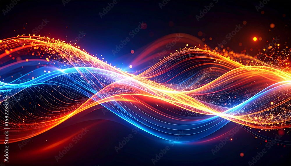 Poster celestial symphony: a mesmerizing display of light waves with a vibrant blend of fiery orange and co
