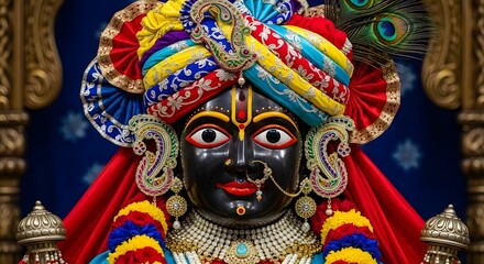 Close up of krishna statue with colorful turban and jewelry against a blue background wall