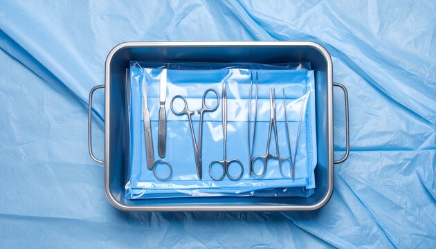 Sterile surgical instruments neatly arranged in a metal tray on a blue medical drape, prepared for a procedure.