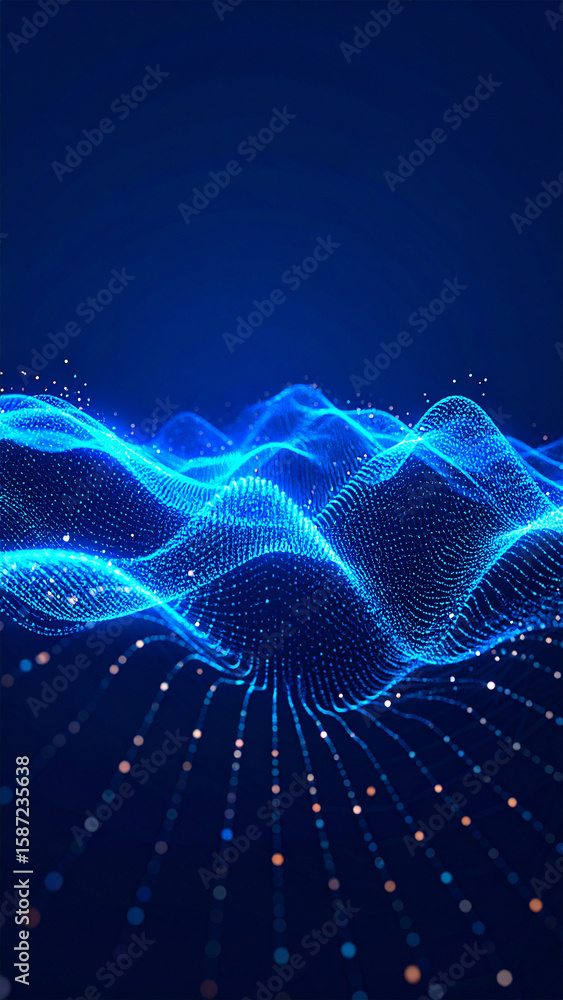 Poster digital data waves: abstract illustration of flowing digital data, with vibrant lines and glowing do