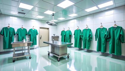 A sterile operating room with surgical gowns, a central table, and bright lighting.
