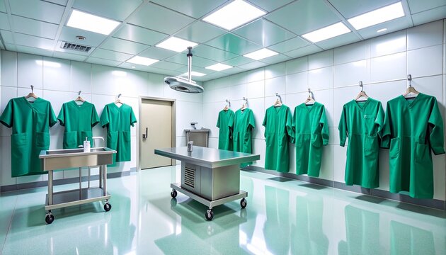 A sterile operating room with surgical gowns, a central table, and bright lighting.