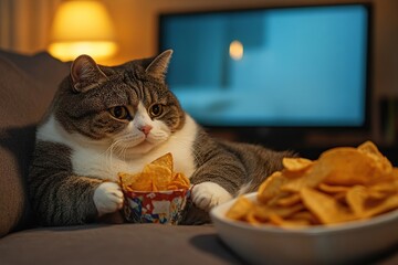 A gray and white domestic cat sits on a couch, holding a small bowl of chips. A large plate of chips is nearby. A television is visible in the background.