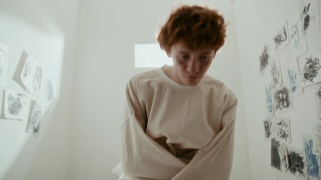 Disoriented male patient in straitjacket walking into sunlit asylum ward with drawings on walls, sitting on hospital bed and looking down with blank expression. Zoom-out shot
