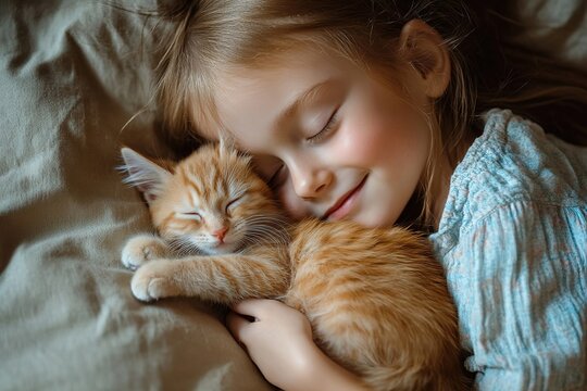 A young Caucasian girl with long brown hair smiles while cuddling a small orange tabby kitten on a soft blanket.