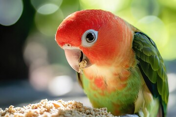 A close-up of a lovebird with a vibrant red and green plumage. The bird is eating seeds, showcasing its bright colors and curious expression.