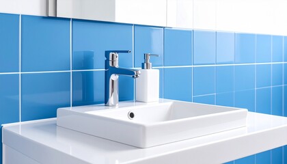 Fototapeta premium Modern bathroom interior with a white sink, faucet, and blue tiled wall, clean and minimalist.