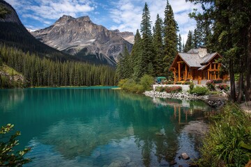 Naklejka premium A serene lake surrounded by tall evergreen trees and majestic mountains. A wooden cabin sits by the water's edge, reflecting the clear blue sky.