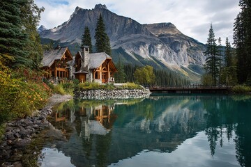 A serene lakeside cabin surrounded by mountains and trees. The water reflects the landscape, creating a peaceful atmosphere.